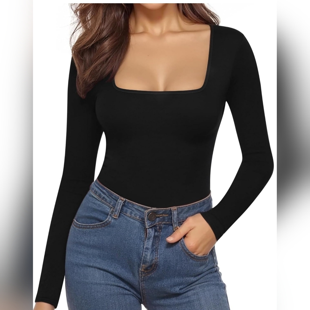 MANGOPOP Women's Square Neck Long Sleeve Bodysuit XS